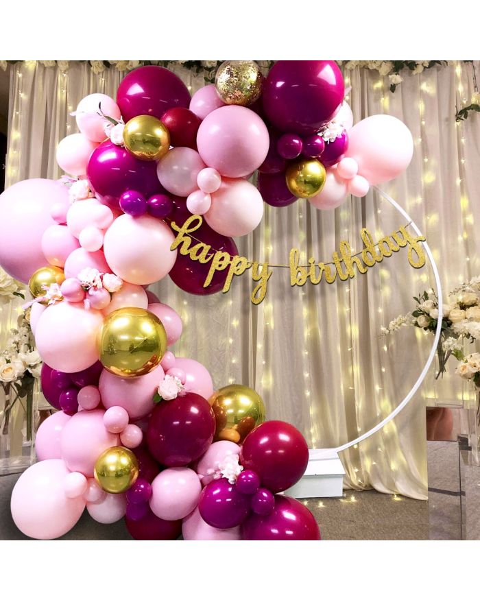 105 Pcs- Happy Birthday Pink, Magenta & Golden Combo, Birthday Celebration,  Party Decoration Supplies (Balloons Arch Kit, Fairy Lights & Banner)