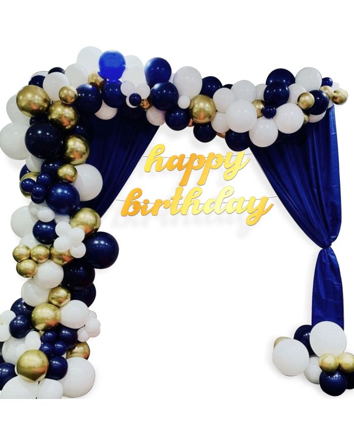 105 Pcs- Happy Birthday Blue, White & Gold Combo, Birthday Celebration,  Party Decoration Supplies (Balloons Arch