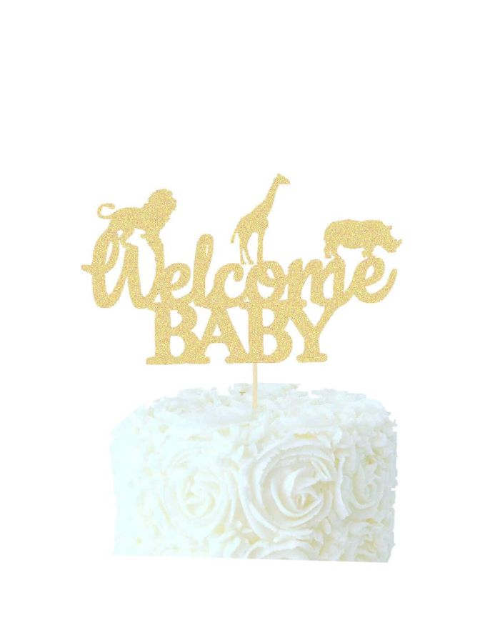 Welcome Baby Cake Topper Gold Glitter Theme Jungle, Wild, Safari Animal  For Baby Shower Cake Decoration