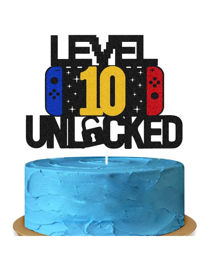 Level 10th Unlocked Sign Cake Topper Happy 10th Birthday Level Up For Video Game Controller Themed Kids Boy & Girl Bday Party Decoration