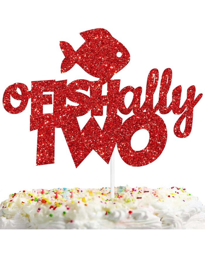 O fish ally Two Cake Topper red Glitter Fish 2 Years Old Theme Decoration Baby  Shower Boys Girls Happy Birthday Party Decor Supplies
