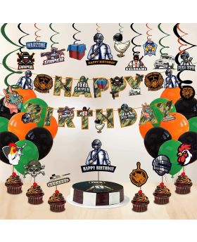 Video Game Happy Birthday Decorations - PUBG Happy Birthday Party Supplies Picks for Kids Gaming Themed Birthday Party Supplies Combo(Banner,Swirls,Cake Topper,Cup Cake Toppers & Balloons)