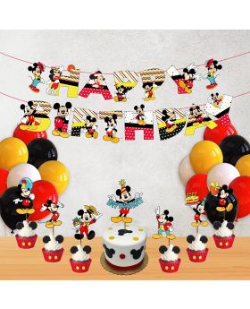 Mickey Mouse Theme Birthday Party Decoration Item Combo Pack, Mickey Happy Birthday Decoration, Mickey Mouse Themed Party Supplies (Banner,Cake Topper,Cup Cake Toppers & Multicolour Balloons)