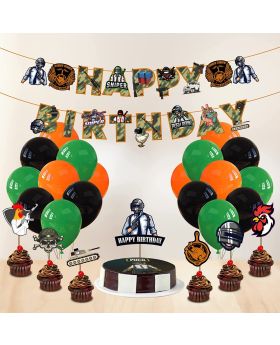 Video Game Happy Birthday Decorations - PUBG Happy Birthday Party Supplies Picks for Kids Gaming Themed Birthday Party Supplies Combo(Banner,Cake Topper,Cup Cake Toppers & Balloons)