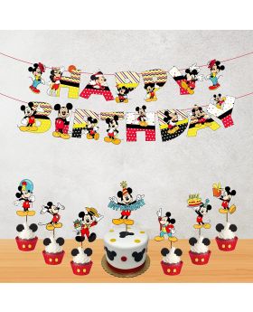 Mickey Mouse Theme Birthday Party Decoration Item Combo Pack, Mickey Happy Birthday Decoration, Mickey Mouse Themed Party Supplies (Banner,Cake Topper & Cup Cake Toppers)