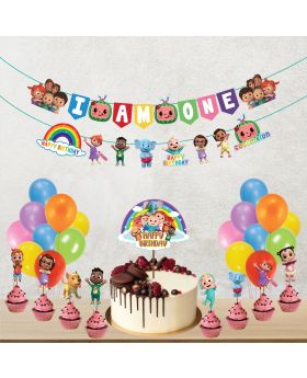 42 pcs- Cocomelon 1st Birthday Combo (Banner With Character Cutout, Cake Topper, Cup Cake Toppers & Balloons) 