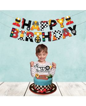 2pcs- Racing Car Theme Combo, Let's go Racing Party Supplies (Banner & Cake Topper)