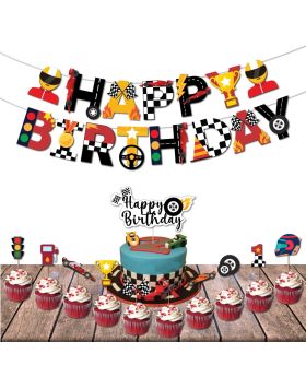 12 pcs- Race Car Theme Birthday Decoration Supplies, Let's go Racing Party Supplies (Banner, Cake Topper, Cup Cake Toppers)