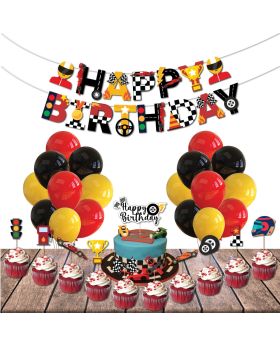37 pcs- Race Car Theme Combo, Let's go Racing Birthday Party Decoration Supplies (Banner, Cake Topper, Cup Cake Toppers and Multicolour Balloons)