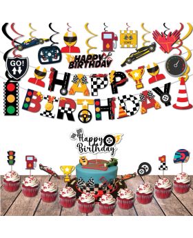 24 pcs- Racing Car Theme Combo, Let's go Racing Party Supplies (Banner, Swirls, Cake Topper, Cup Cake Toppers)