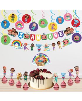 24 pcs- Cocomelon Theme 1st Birthday Combo (Banner with Character Cutout, Swirls, Cake Topper, Cup Cake Toppers) 