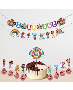 12 pcs- Cocomelon Theme 1st Birthday Combo (Banner with Character Cutout, Cake Topper, Cup Cake Toppers) 