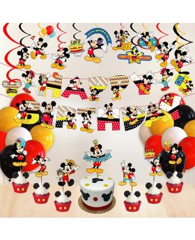 Mickey Mouse Theme Birthday Party Decoration Item Combo Pack,Mickey Happy Birthday Decoration,Mickey Mouse Theme Party Combo(Banner, Swirls,Cake Topper,Cup Cake Toppers & Multicolour Balloons)