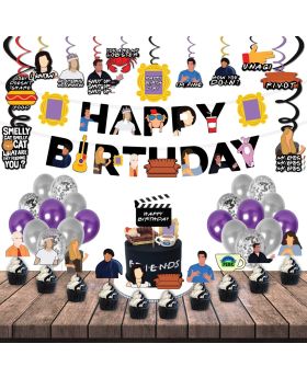 61Pcs Friends BLACK Themed Combo1 - Banner, Swirls, Cake Topper, Cupcake Topper, Multicolor & Confetti Balloons For Friends Birthday Party Decorations-Friends tv Show Party Decorations & Birthday Party Celebration