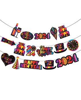 Festiko® Happy New Year Banner 2024 (NEON), New Year Decorations, New Years Eve Party Supplies