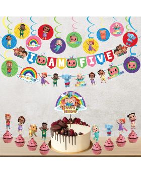 Cocomelon Theme "I Am Five Kids" 5th Birthday Combo,Birthday Decoration Photoshoot Backdrop and Theme Decor Combo(Banner with Character Cutout,Swirls,Cake Topper,Cup Cake Toppers)