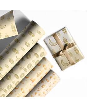 Festiko® Set of 12 Pcs Wrapping Papers for Ramadan/Eid (White & Golden), Gift Wrapping Paper, Eid Party Supplies