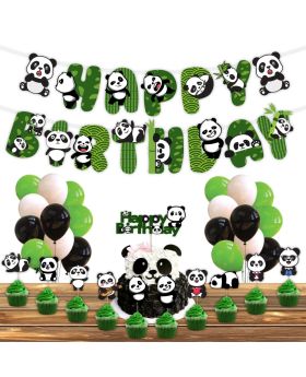 37 pcs- Cute Cartoon Panda Theme Combo, Children Birthday Party Decoration (Banner, Swirls, Cake Toppers, Cup Cake Toppers)