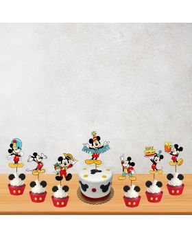 Mickey Mouse Theme Birthday Party Decoration Item Combo Pack, Mickey Happy Birthday Decoration, Mickey Mouse Themed Party Supplies (Cake Topper & Cup Cake Toppers)