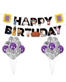 26Pcs Friends BLACK Themed Combo6 - Banner, Multicolor & Confetti Balloons For Friends Birthday Party Decorations- Friends tv Show Party Decorations & Birthday Party Celebration