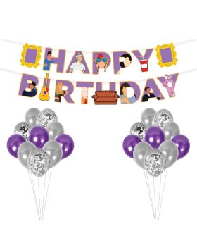 26Pcs Friends PURPLE Themed Combo6- Banner, Multicolor & Confetti Balloons For Friends Birthday Party Decorations- Friends tv Show Party Decorations & Birthday Celebration