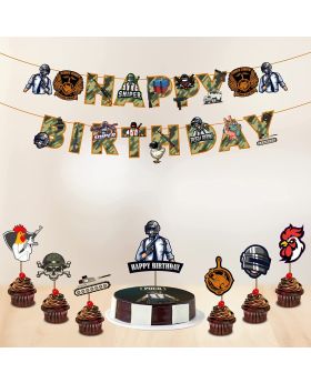 Video Game Happy Birthday Decorations - PUBG Happy Birthday Party Supplies Picks for Kids Gaming Themed Birthday Party Supplies Combo(Banner,Cake Topper & Cup Cake Toppers)