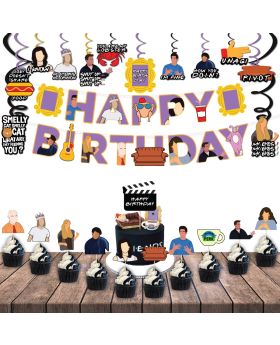 36Pcs Friends PURPLE Themed Combo2- Banner, Swirls, Cake Topper & Cupcake Topper For Friends Birthday Party Decorations- Friends tv Show Party Decorations & Birthday Celebration