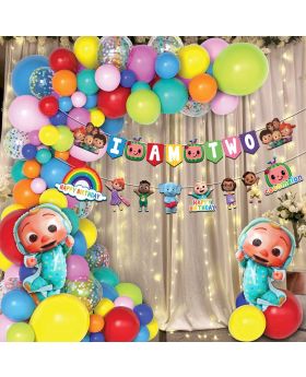  107 Pcs- Cocomelon Theme 2nd Birthday Combo, Birthday Decoration Supplies, Cocomelon Theme Party (Banner, Balloon Arch Kit, Foil Balloons & Fairy Light)