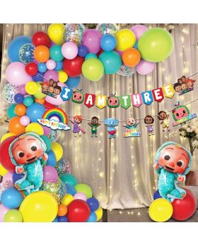 107 Pcs- Cocomelon Theme 3rd Birthday Combo, Birthday Decoration Supplies, Cocomelon Theme Party (Banner, Balloon Arch Kit, Foil Balloons & Fairy Light)