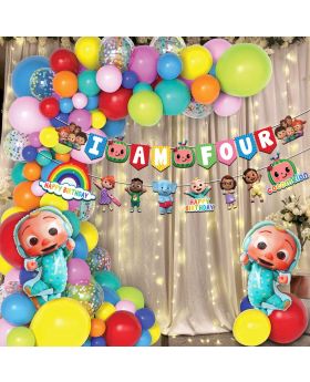  107 Pcs- Cocomelon Theme 4th Birthday Combo, Birthday Decoration Supplies, Cocomelon Theme Party (Banner, Balloon Arch Kit, Foil Balloons & Fairy Light)