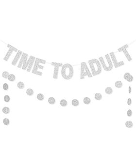 18th Birthday Time to Adult Banner Happy 18th Birthday Party Decorations, Glitter Circle Dots Hanging Decorations, 18 Years Party Supplies Sign for Teen Girls Boys (Silver)