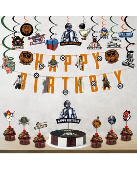 Video Game Happy Birthday Decorations - PUBG Happy Birthday Party Supplies for Kids Gaming Play Themed Birthday Party Supplies Combo(Banner,Swirls,Cake Topper & Cup Cake Toppers)