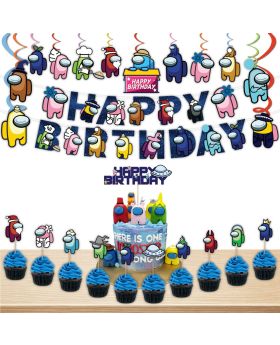Among Us Game Birthday Party Supplies and Decorations,Party Supplies for Kids- Party Decorations, Birthday Decorations for Kids Happy Birthday Banner,Swirls,Cake Topper,Cup Cake Topper