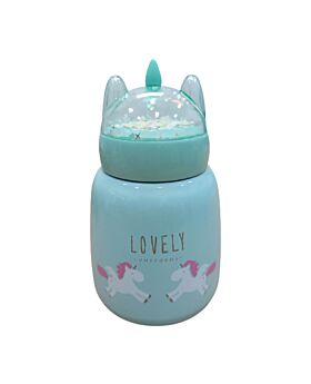 Festiko® Unicorn Thermos with Lid Sparkling Glitter Bottle (blue unicorn, 300ml),  Water Bottle for School,  Stainless Steel Cup Vacuum Bottle