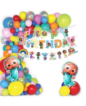 106 Pcs- Cocomelon Theme Happy Birthday Combo, Birthday Decoration Supplies, Cocomelon Theme Party (Banner, Balloon Arch Kit & Foil Balloons)
