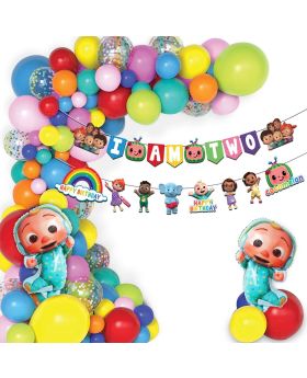  106 Pcs- Cocomelon Theme 2nd Birthday Combo, Birthday Decoration Supplies, Cocomelon Theme Party (Banner, Balloon Arch Kit & Foil Balloons)