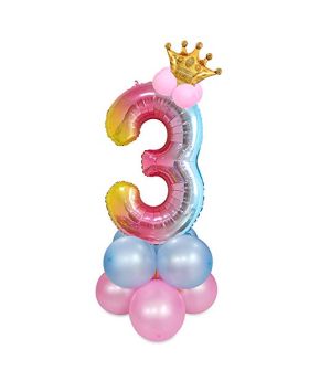 Rainbow 3 Number Balloons & Crown For Birthday/Anniversary Party Decoration and Celebration 