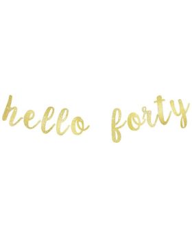 Hello Forty Banner, Fun 40th Birthday Banner Party Photo Backdrops Gold Gliter Sign