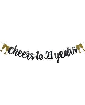 Cheers To 21 Years Banner Black Paper Glitter Party Decorations For 21ST Wedding Anniversary 21 Years Old 21ST Birthday Party Supplies Letters Black