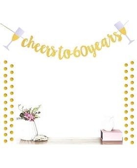 Cheers to 60 Years Banner with Golden Glitter Circle Dots Set for 60th Birthday Party Decorations