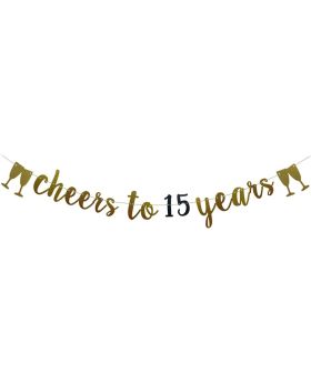 Cheers to 15 Years Banner Gold and Black Glitter Paper Party Decorations for 15 TH Wedding Anniversary 15 Years Old 15TH Birthday Party Supplies Letters Black and Gold