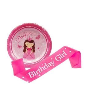 11 pcs- Princess Theme Combo for Birthday Celebration & Party (Birthday Girl Sash+ Princess Paper Plate)