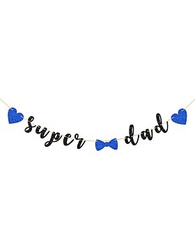 Festiko® Super Dad Banner in Black Glitter With Bow & Heart Sign in Blue Glitter, Father's Day Combo, Fathers day Decoration Items