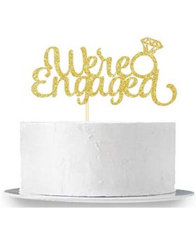  We’re Engaged Cake Topper With Ring & Gold Glitter For Wedding Anniversary, Bridal Shower, Marriage Engagement, Bachelorette & Bachelor Party Décor