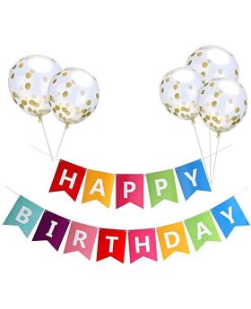 Pack of 6 Rainbow Combo Colorful Happy Birthday Banner with Gold Confetti Balloons