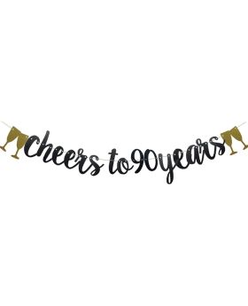 Cheers To 90 Years Banner Black Paper Glitter Party Decorations For 90TH Wedding Anniversary 90 Years Old 90TH Birthday Party Supplies Letters Black