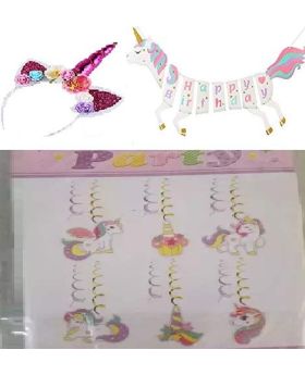 8 pcs- Unicorn Theme Party Supplies (Swirls, Banner & Headband)