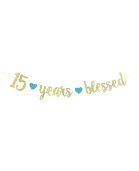 15th Birthday Banner-15 Years blessed Birthday,Glittery Banner 15 Birthday Photo Studio Props,Beer Birthday Sign Party Supplies.