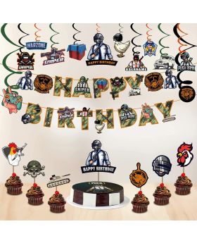 Video Game Happy Birthday Decorations - PUBG Happy Birthday Party Supplies Picks for Kids Gaming Themed Birthday Party Supplies Combo(Banner,Swirls,Cake Topper & Cup Cake Toppers)