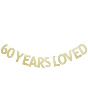 60 Years Loved Gold Glitter Banner for 60th Birthday/Wedding Anniversary Party Sign Photo Props